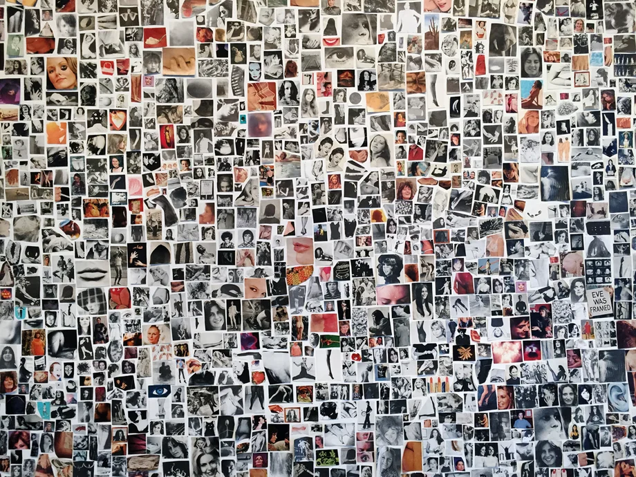 Carmen Winant, A World Without Men , wall collage ( 19’ x 22’) detail/ installation shot, Cleveland MOCA, 2015.