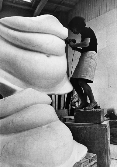 Alina Szapocznikow at work on one of her marble belly public art sculptures.
