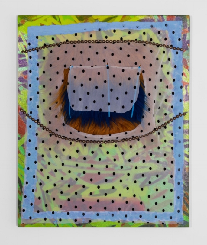 Leeza Meksin, Lift My Eyelid , Spandex, tulle, acrylic, oil, faux fur, zip ties and upholstery tacks on canvas, 24” x 30”, 2015.