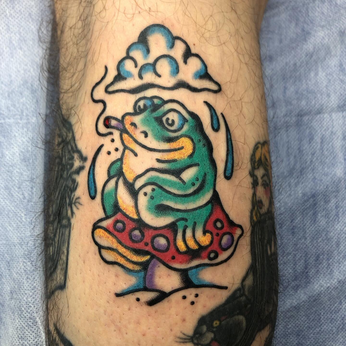 Rainy day frog. Lots of fun, thanks mate @prickly_pete_ 
Time available next week @houseofdaggerstattoo