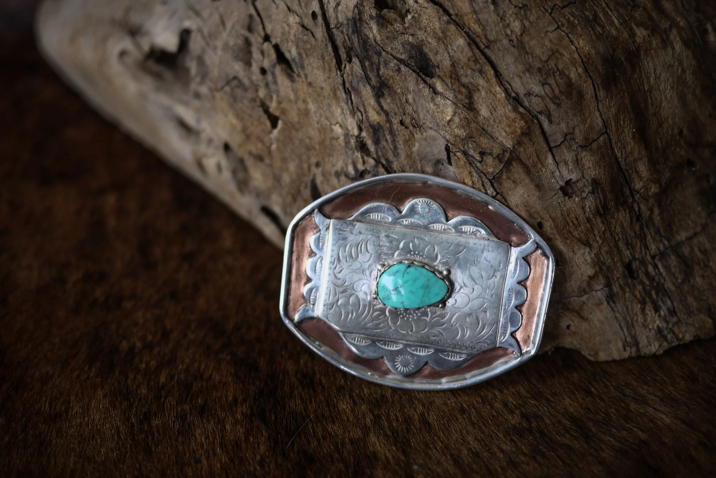 Turquoise Silver and Copper Belt Buckle
