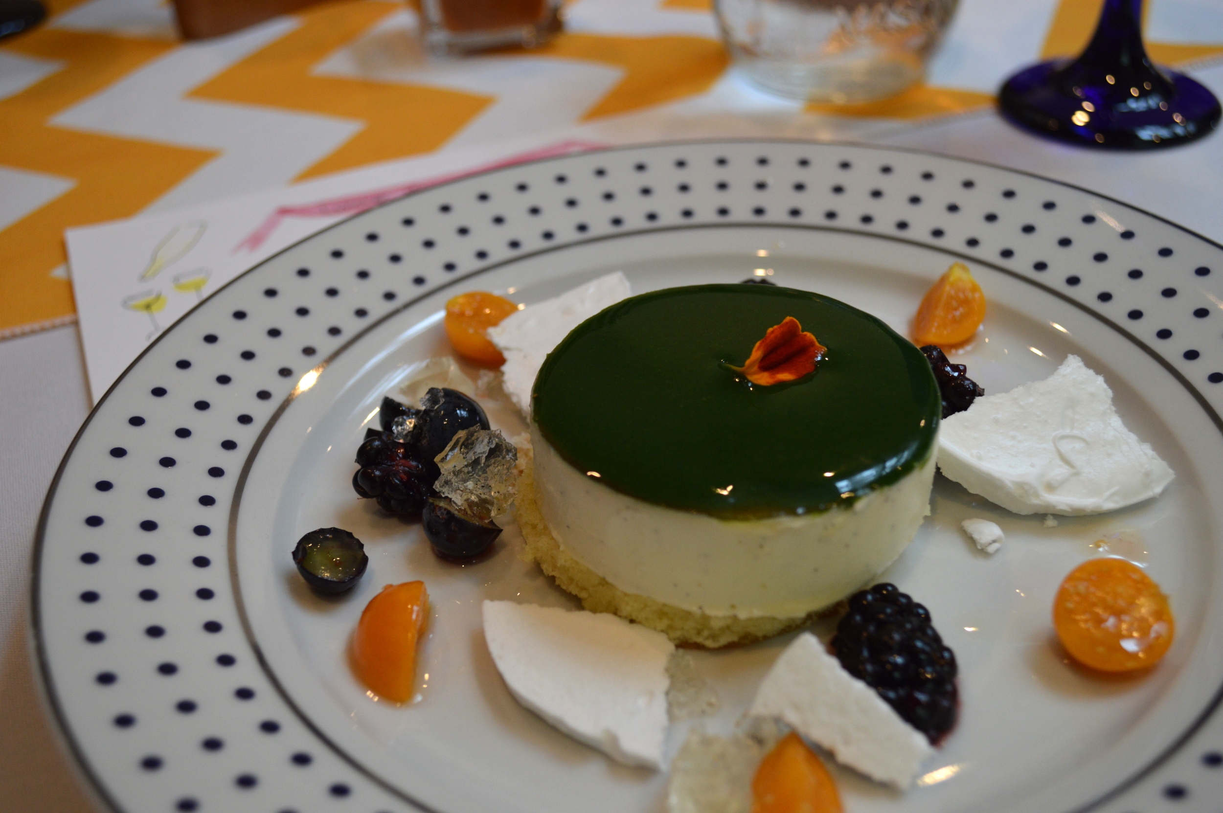 Vanilla Panna Cotta with Mint Purée, Earl Grey Meringue, Vanilla Gel, and Berries