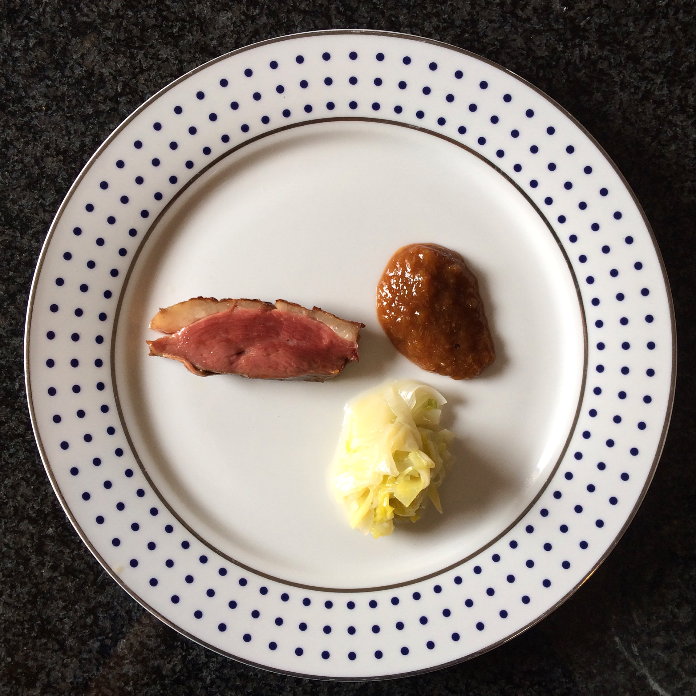 Moulard Duck Breast with Rhubard Purée and Leeks à l'Anglaise