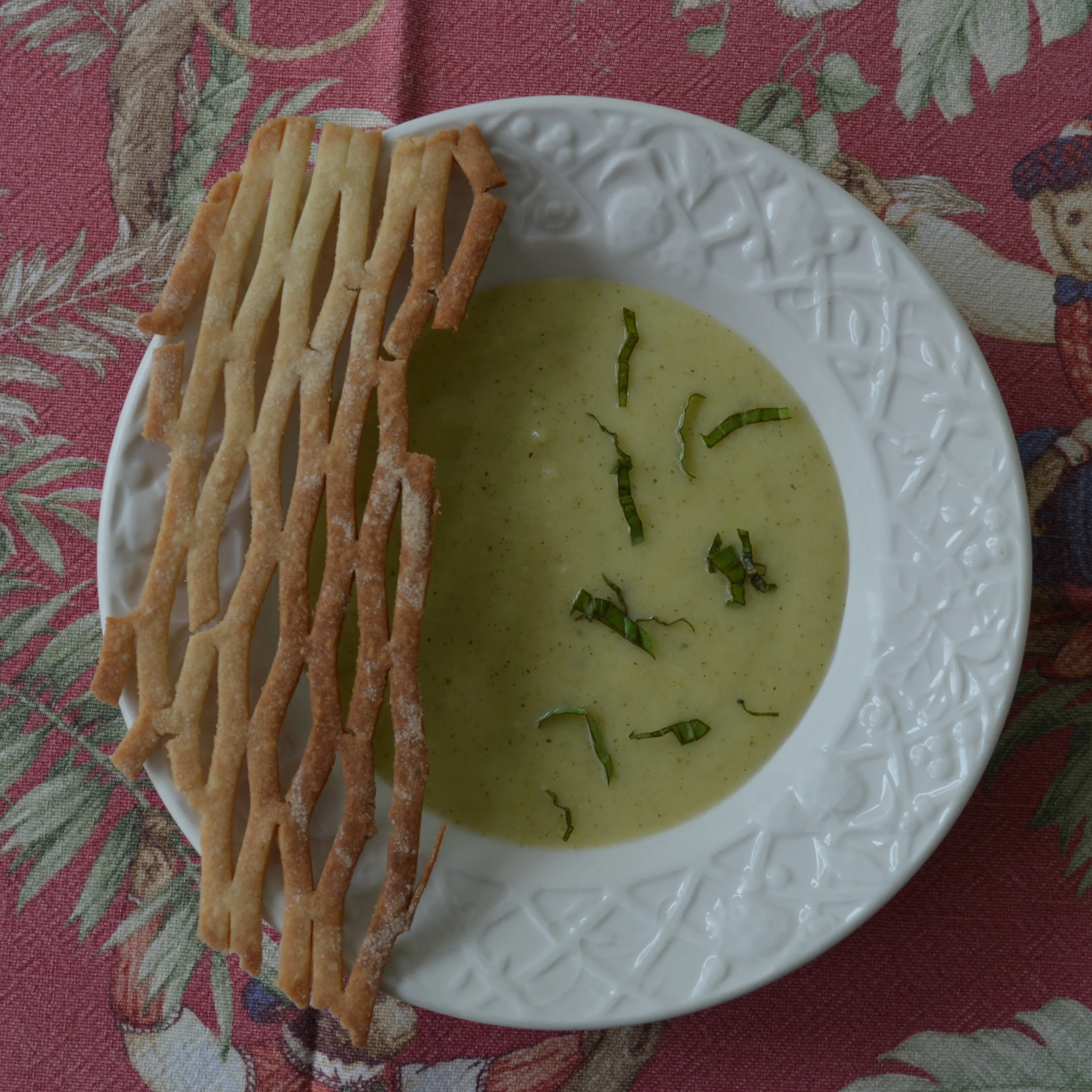Course #1: Chilled Zucchini Soup with a woven pastry garnish