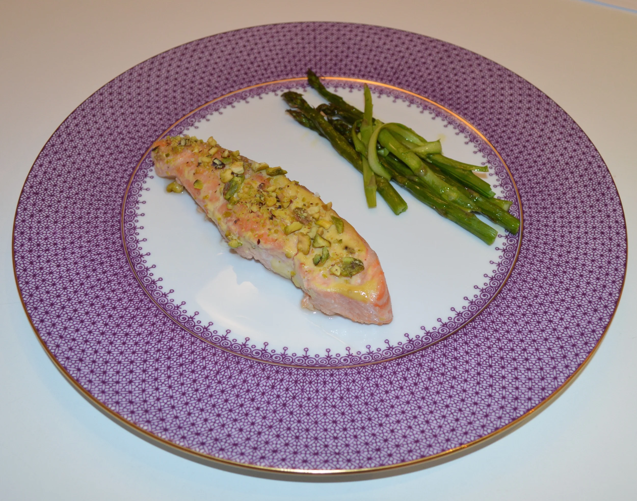 Course #2: Pistachio Crusted Salmon with tangled asparagus