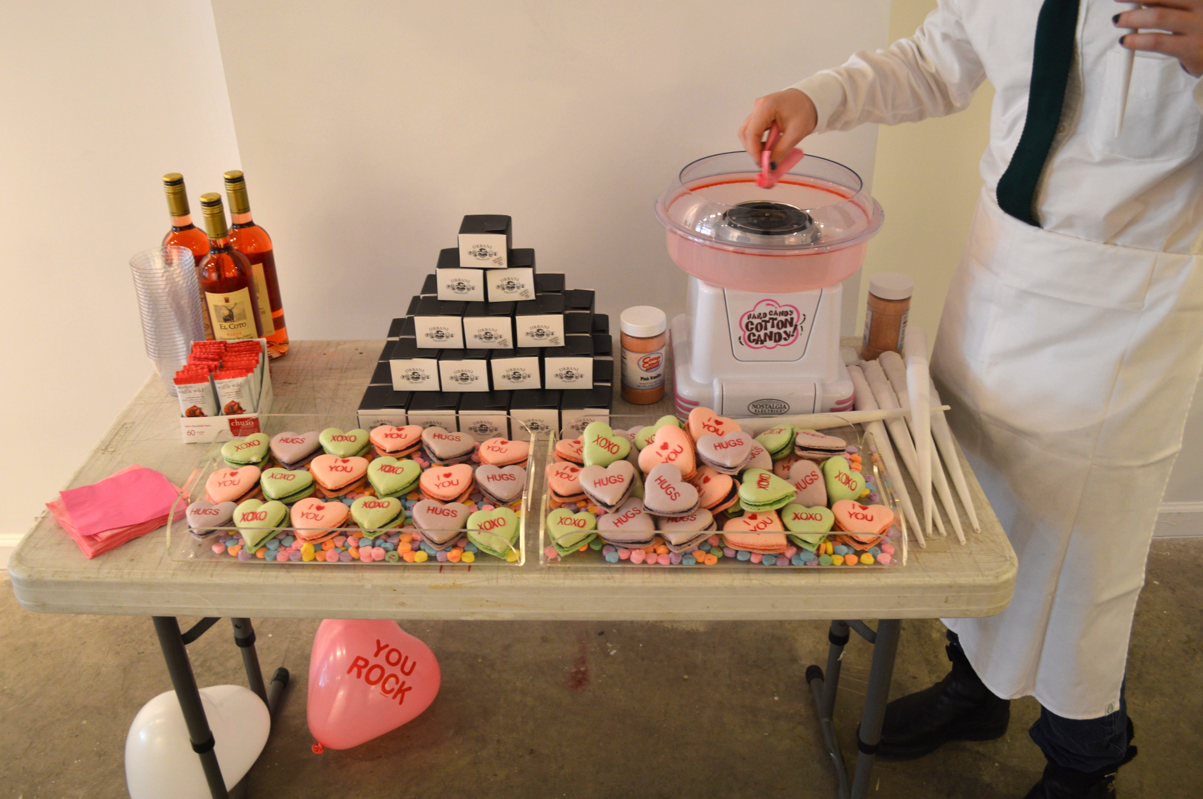Rosé, Chuao Chocolatiers mini chocolate bars, Urbani black & white truffle bonbons (which we affectionaley call truffle truffles), homeade cotton candy and Neuman's Kitchen macaroons