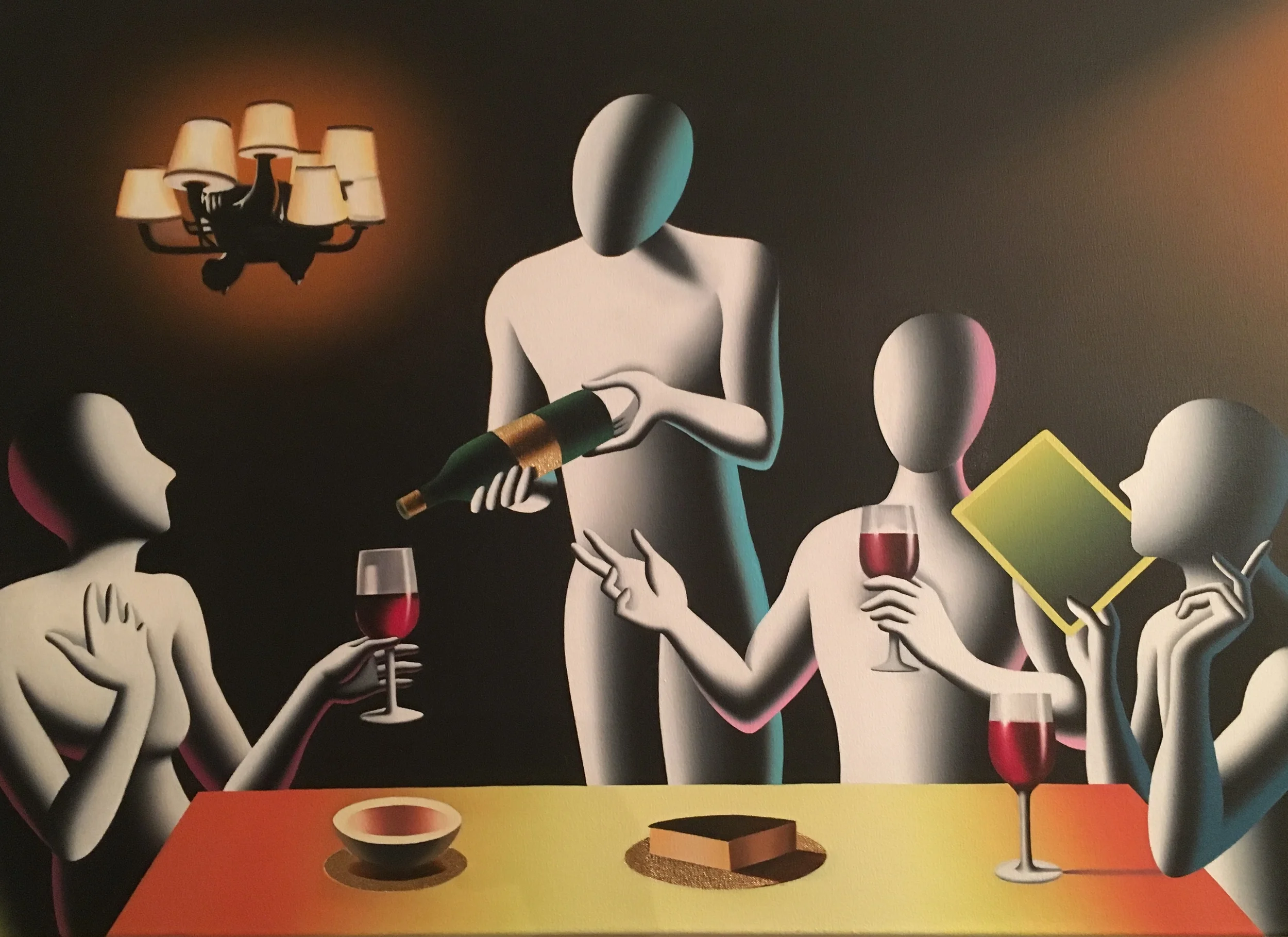 A Kostabi painting of a dining scene that inspired Chefanie's tiramisú cakes