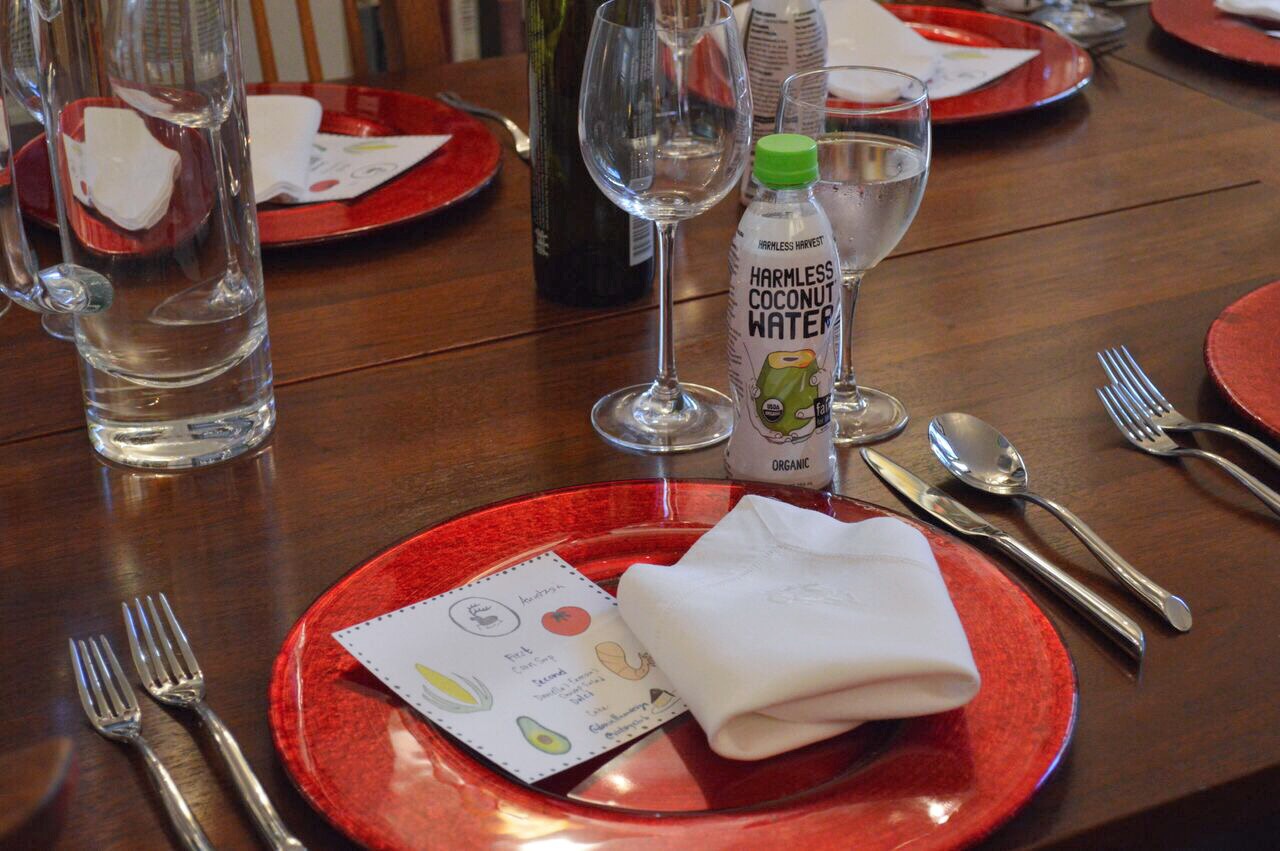Tablescape complete with Harmless Harvest organic coconut water