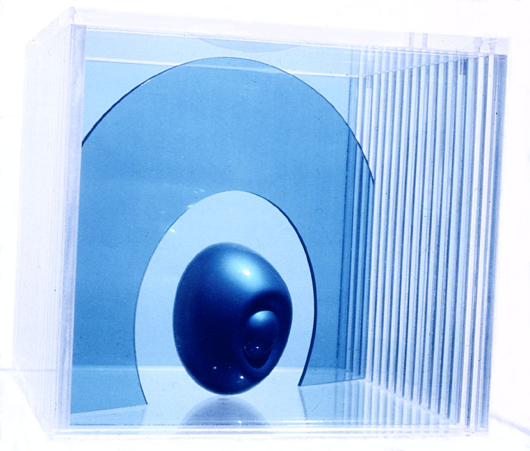  Blue Box, 1965  Foam and Fiberglas Resin Spray Painted image,&nbsp;with Acrylic Sheet in Acrylic Box  101/2"x101/2"x11"    