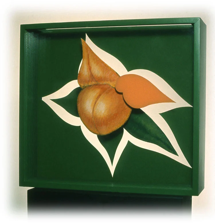 "Green and Orange Female Floating Forms", 1965 Acrylic Paint on Canvas and Spray Painted on Plastic Sheets and Wood Box 18"x18"x6"