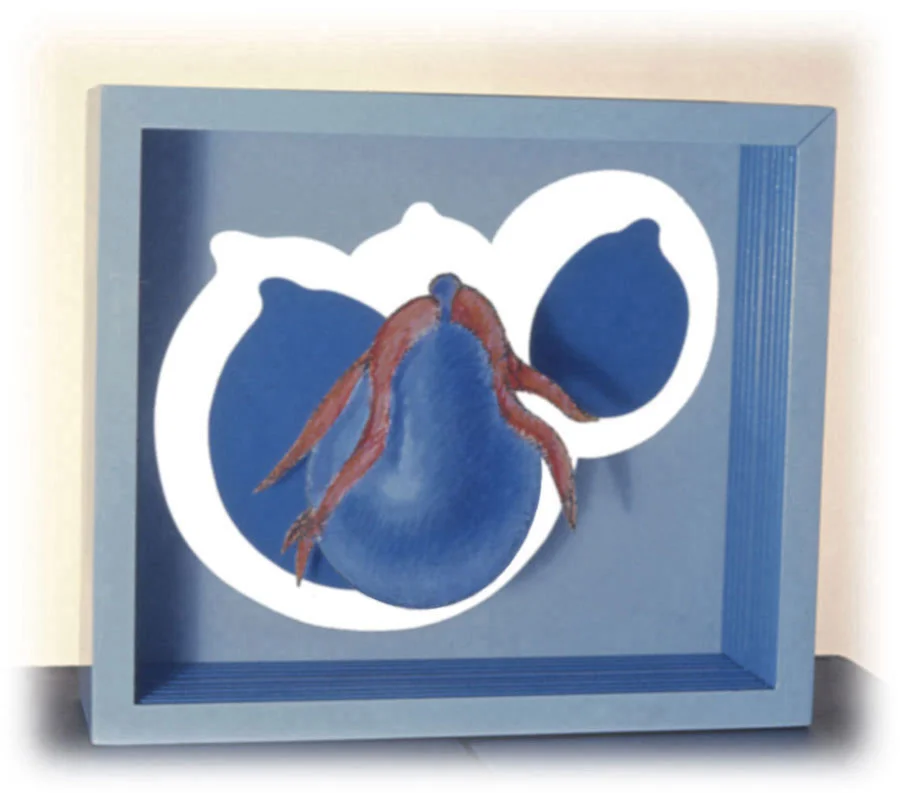 "Mother, Father, and Child", 1965 Acrylic Paint on Canvas and Plastic Spray on Plastic Sheets and Wood Box 13"x13"x4"