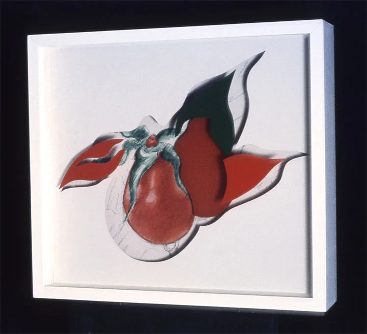 "Red and Green Flying Female Forms", 1965 Acrylic Paint on Canvas and Plastic Paint Spray on Acrylic Sheets and Wood Box, Charcoal 12"x15"x5"