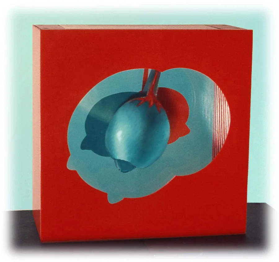 "Three Red and Green Females", 1965 Acyrlic Paint on Canvas, Acrylic Spray on Plastic Sheets and Wood box 12"x12"x4"