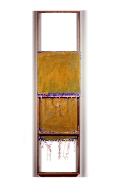  "Yellow Orange, Blue, Purple, and White", 1979  Acrylic on White Canvas with White Walls and Stretcher Bars  22"x80"x2" 