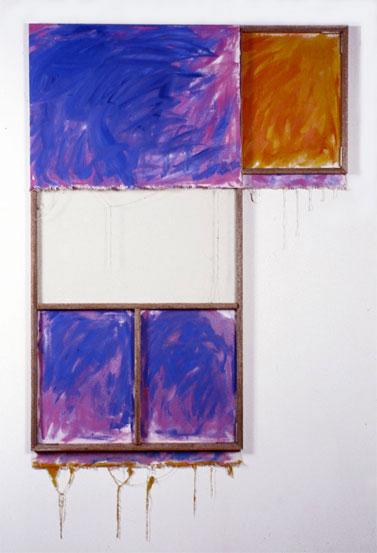  "Blue, Orange, Lavender, White" 1980  Oil on White&nbsp;Canvas with White Wall and Stretcher Bars  45"x60"x2" 