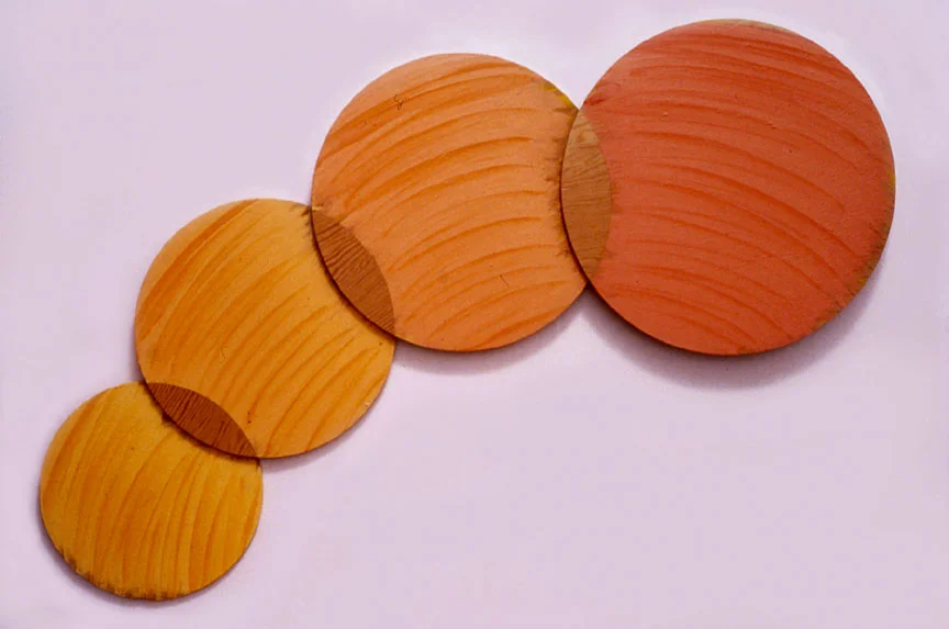Yellow, Orange, Red Orange Circle Series, 1988 Acrylic Paint on Plywood 72"x20"x1"