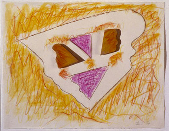 Flying Mask, 1985 Crayon, Paint, Wood, on Paper 11"x14"x2"