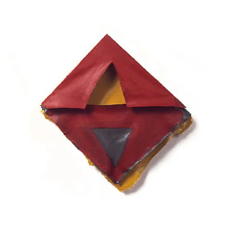Dark Red, Green, Yellow Triangles, 1975 Layered Acrylic and Rhoplex 8'x9"x3"