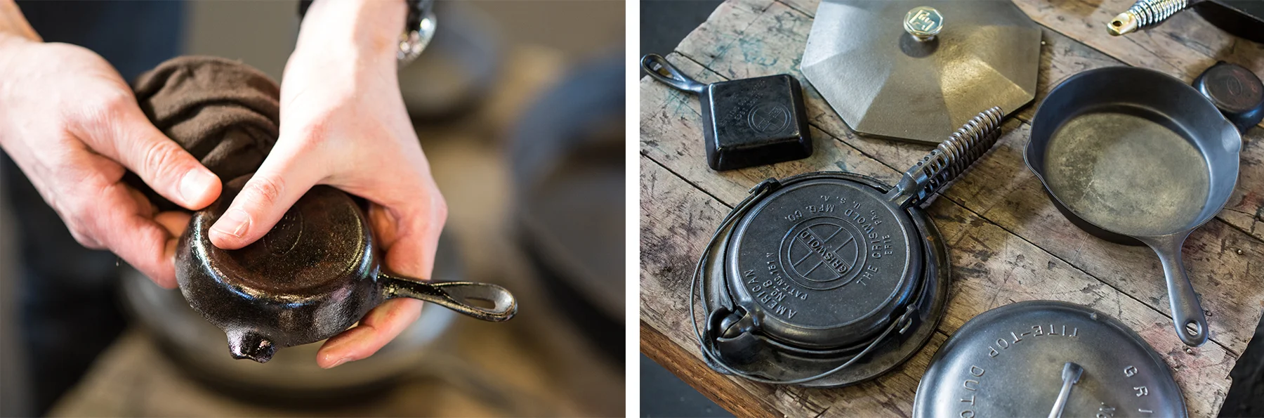 Mike admiring his collection of vintage cast iron skillets.