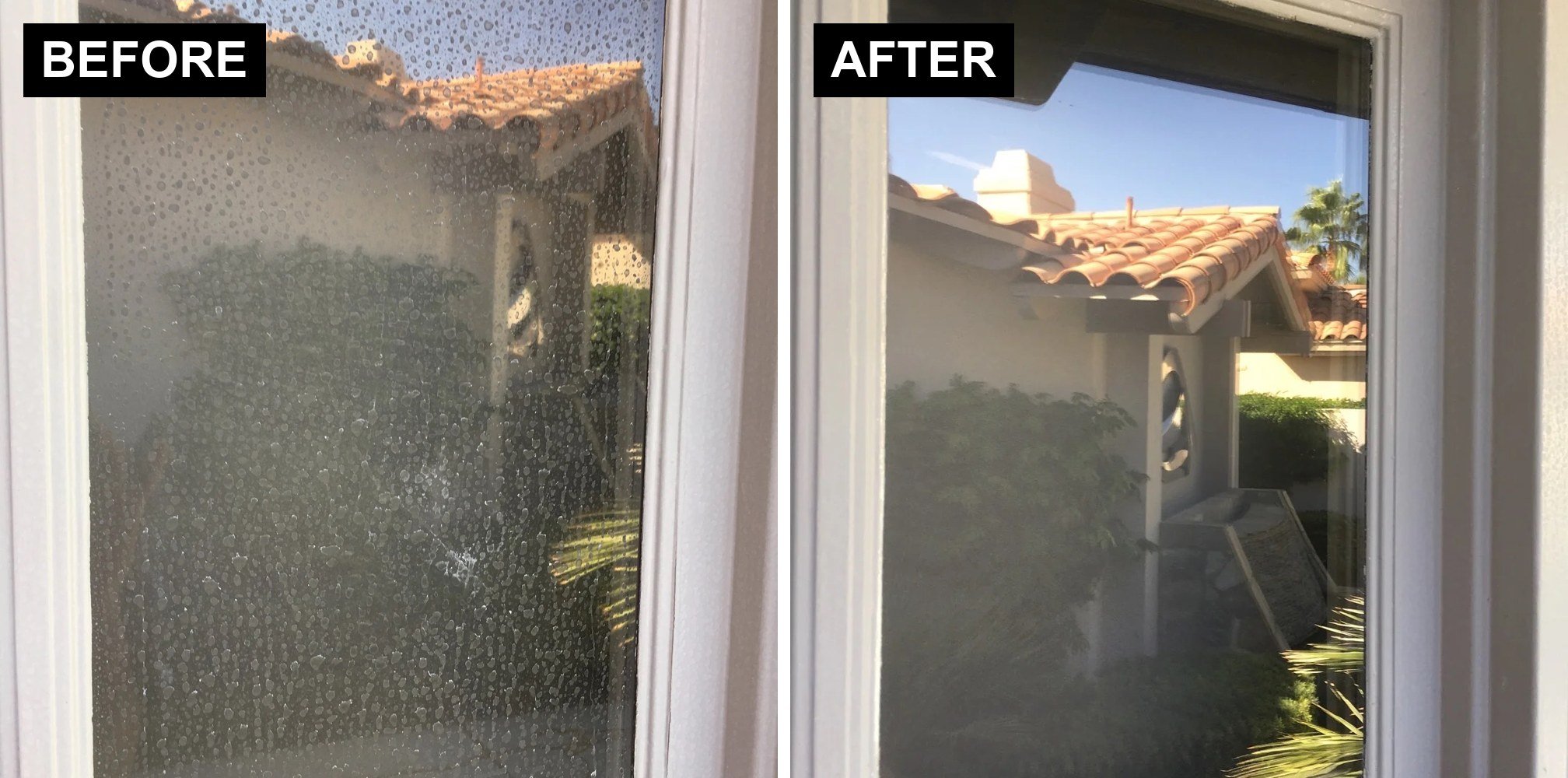 Before and after hard water stain removal on a Coachella Valley window by Syntha Glass Restoration