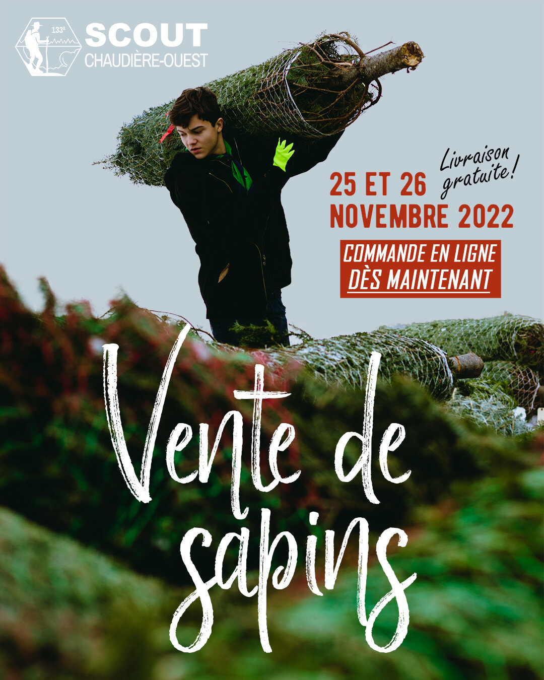 🌲 Notre c&eacute;l&egrave;bre vente de sapins de No&euml;l est lanc&eacute;e! 🌲

R&Eacute;SERVEZ EN LIGNE ICI: 
Achetez votre arbre directement sur notre site web 
👉 https://www.scoutchaudiereouest.com/financementsapins/

Venez encourager les jeun