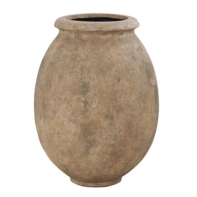 Large olive jar planter fiberglass Large Overall: 31 1/4"H X 23" Diameter Large Interior: 30 1/4"H X 10 5/8" Diameter Opening Large Base: 10" Diameter