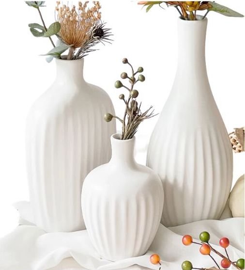 White ceramic bud vase trio 9" H tallest vase $15 (1)