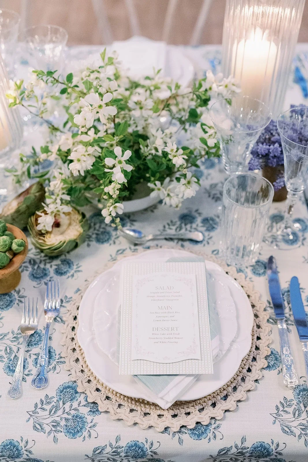 Woodland Glasshaus wedding Minnesota spring summer fall bride blue linen white flowers reception artichoke nancy meyers style me pretty feature marit williams photography archifete ashley fox designs centerpiece place setting napkin terra cotta