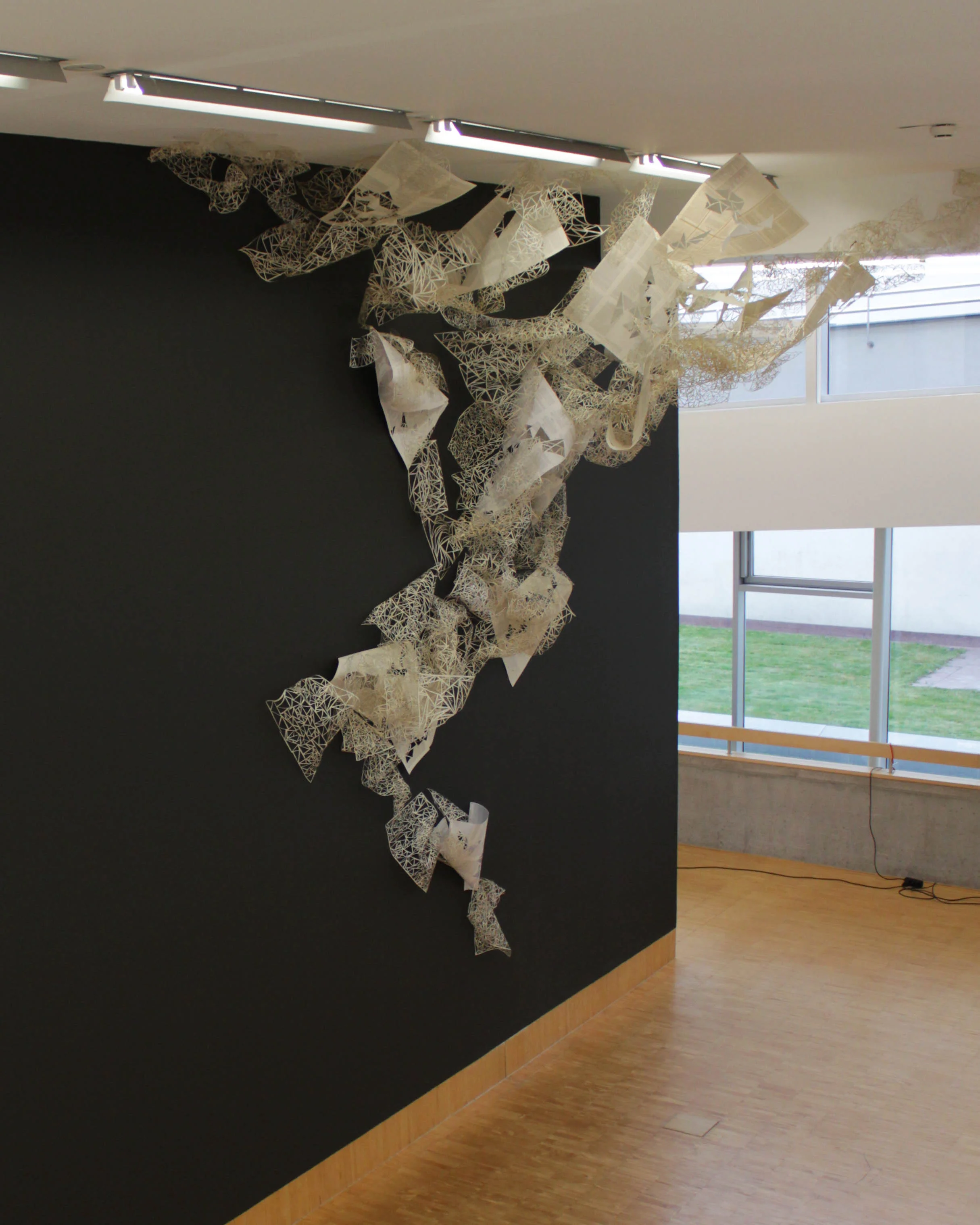 Good News for Modern Man, Pythagoras Agrees Book pages, map pins Dimensions variable Installation at the Essl Museum, Vienna, Austria 2012