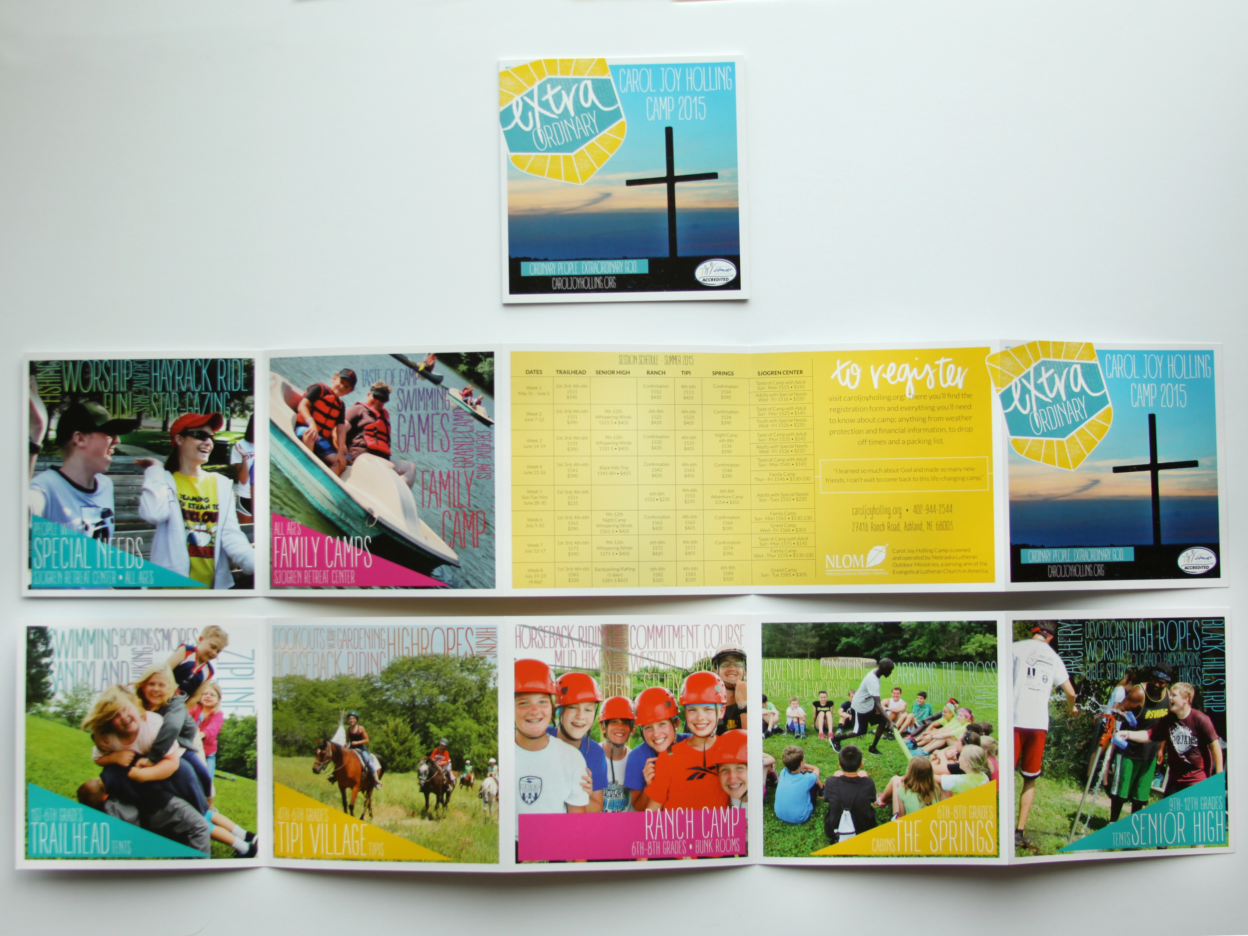We went with a simple accordion fold to showcase what's important: people having fun at camp, and the activities they do at each site. This eliminated the past booklet style brochure with paragraph descriptions and multiple photos that the user 
