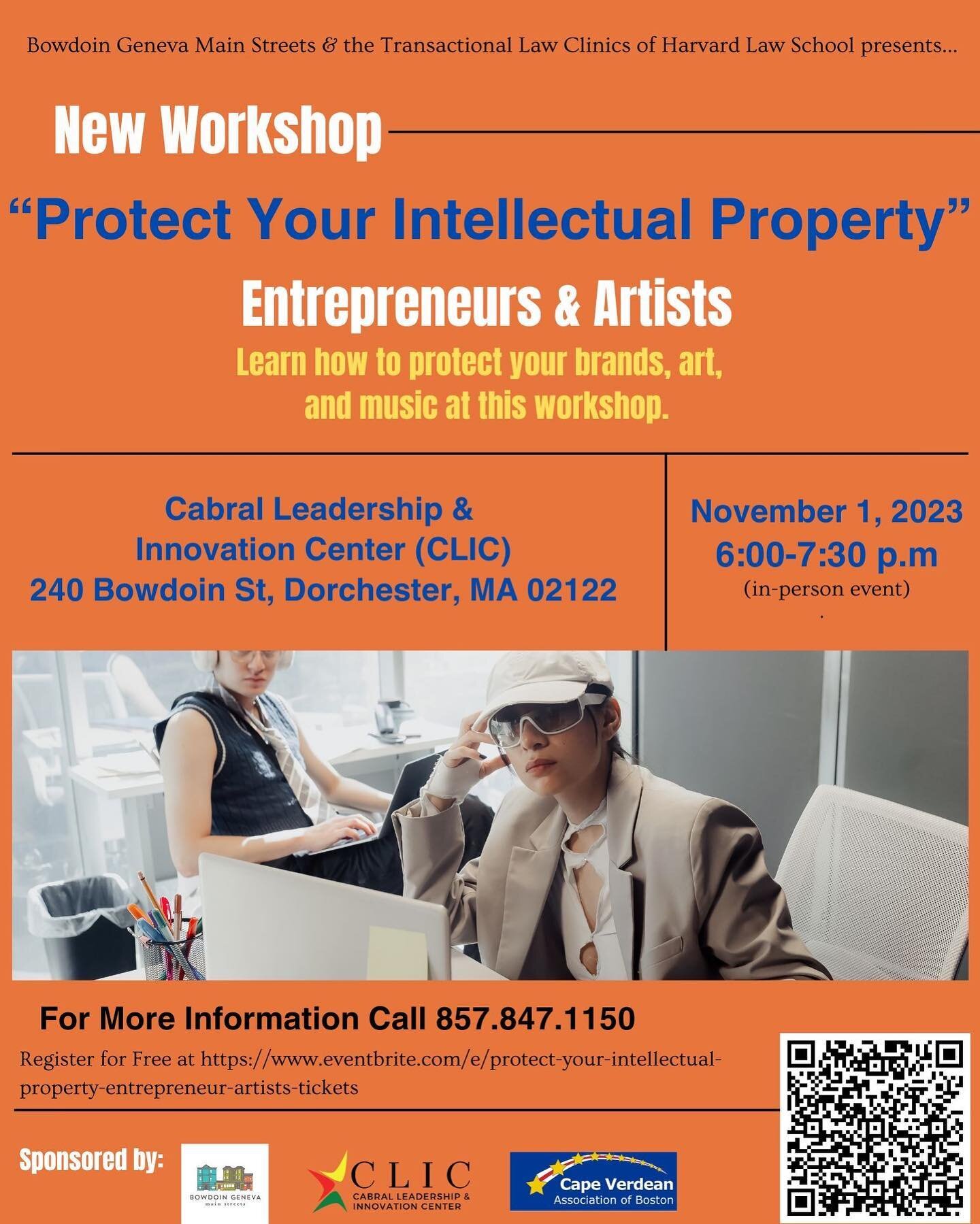 ***Free Workshop*** - Protect Your Intellectual Property as an artist or an entrepreneur. Get advice and learn ways to protect your brand, art and music. Join us November 1, 2023.

Eventbrite link: https://www.eventbrite.com/e/protect-your-intellectu