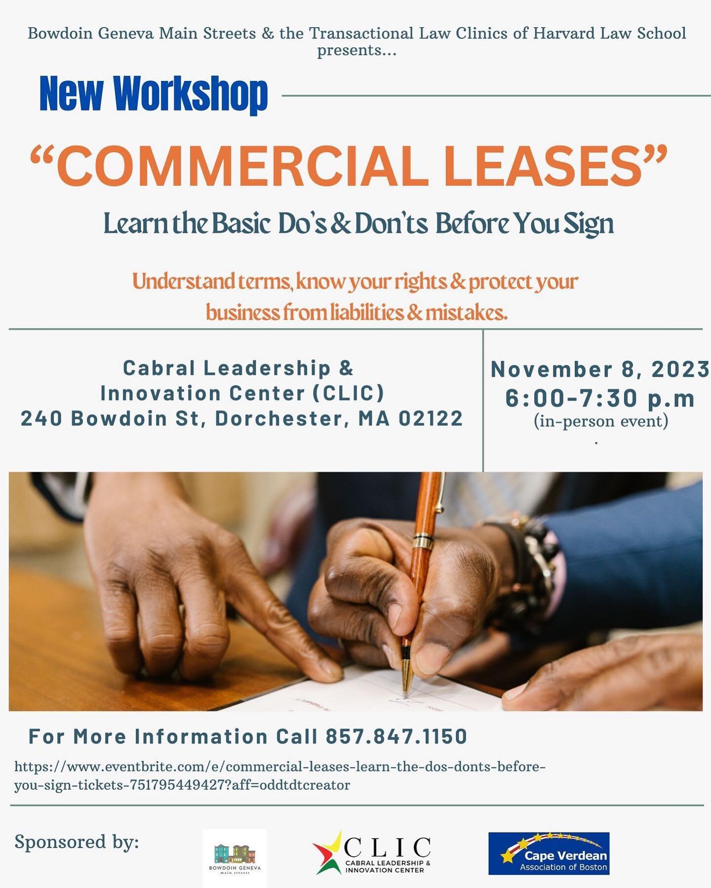 Ready to Rent - Come to this workshop to to learn what to do when you lease commercial space for your business. Ask questions, get answers and make better decisions. Call 857.847.1150 for more information.

Register at Eventbrite: https://www.eventbr