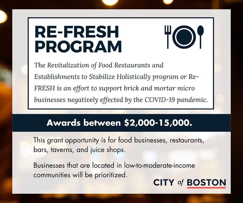 New Grant up to $15,000 for restaurants, bars, food trucks and juice bars. If your business is in boston please 
visit click the link and apply today! Deadline is December 15, 2023. If you need help applying call 857.847.1150 or DM us directly. 

Re-