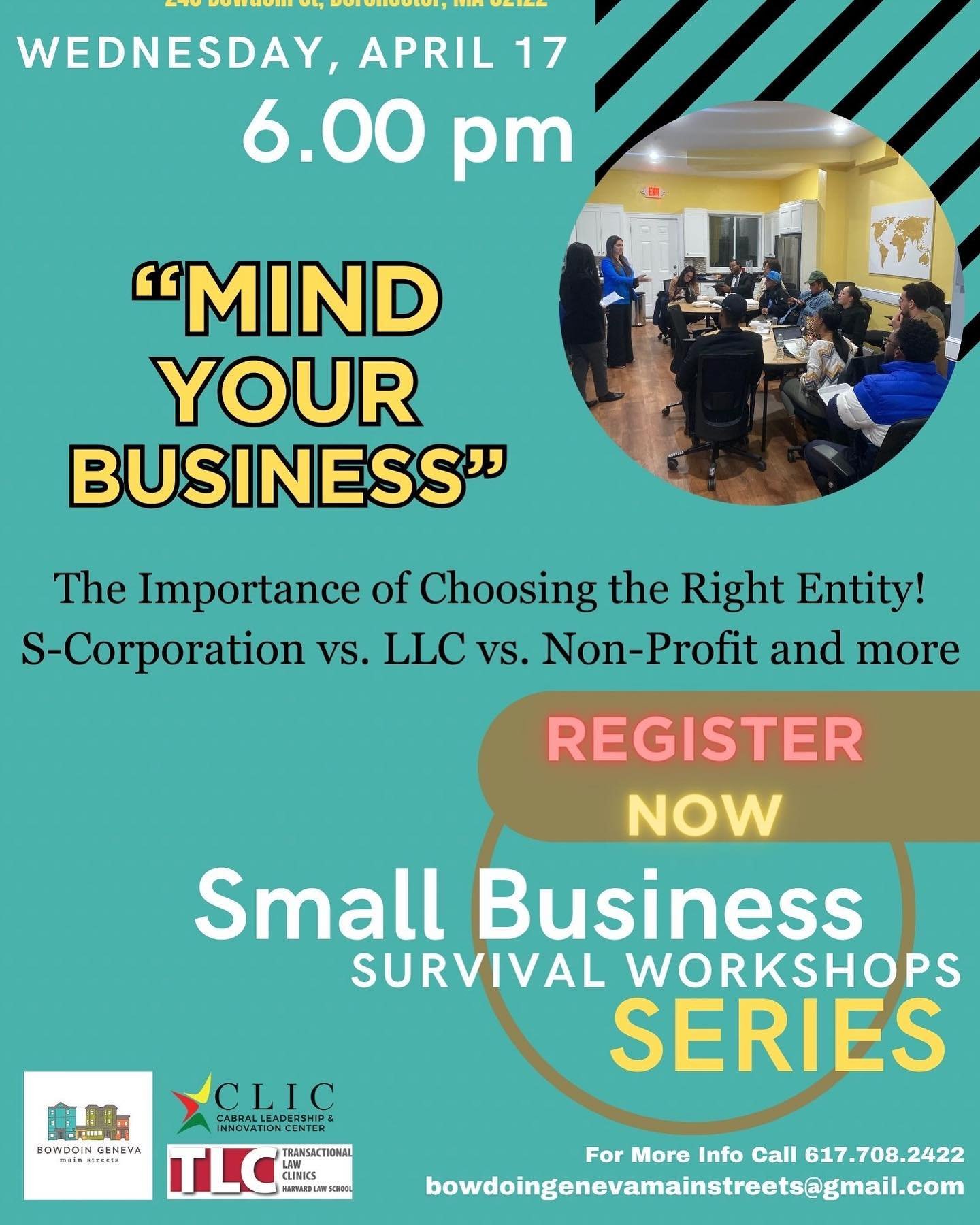 Join us for a workshop on how to incorporate your business and how to choose which type of business will work best for your business model. Hosted by the Harvard Law Clinics. 

Eventbrite:  https://www.eventbrite.com/e/mind-your-business-the-importan