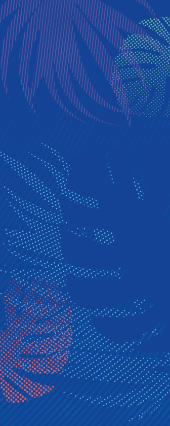 Abstract graphic design with blue background and dotted patterns forming a face and leaf shapes.