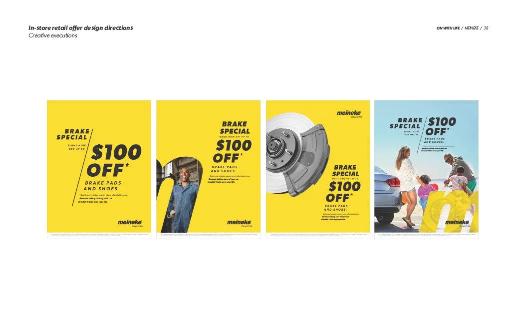 Four store promotional posters for brake pads and shoes sale with a "$100 off" discount, including colorful images and people shopping.