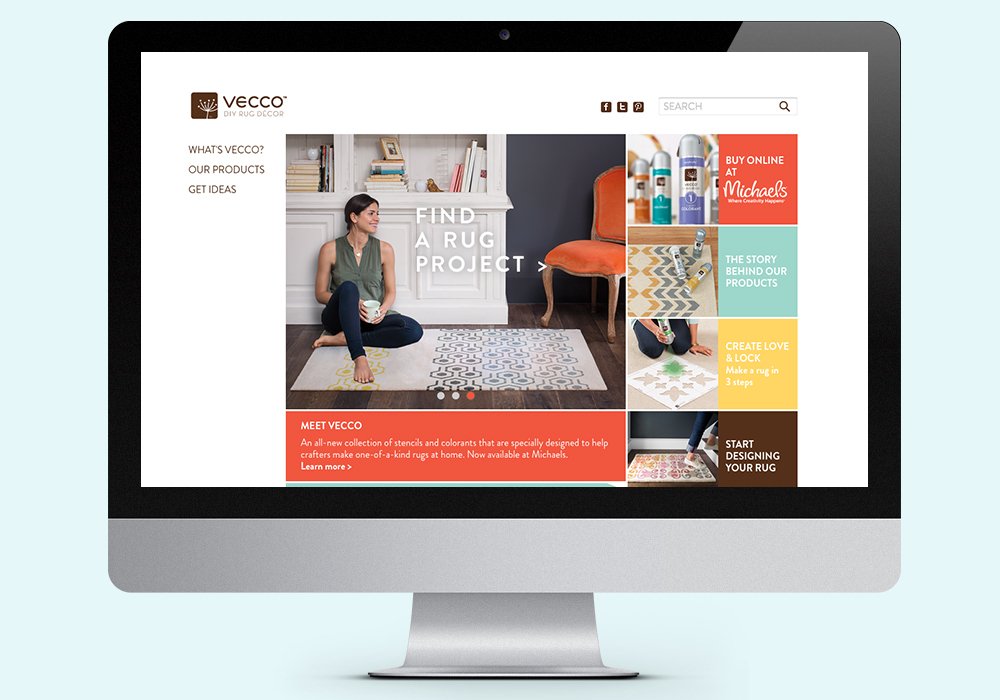 Screenshot of a website titled VECCO DIY Rug Decor showing a woman sitting on the floor with her legs crossed, surrounded by colorful pillows and a white bookshelf. The website offers information about rug projects, products, ideas, and customization