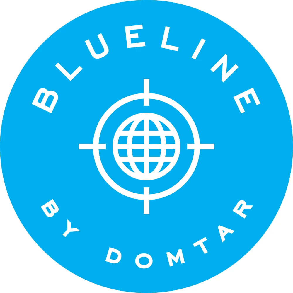 Blue circular sticker with the words "Blue Line" at the top and "By Dometar" at the bottom, featuring a white globe enclosed in a crosshair in the center.
