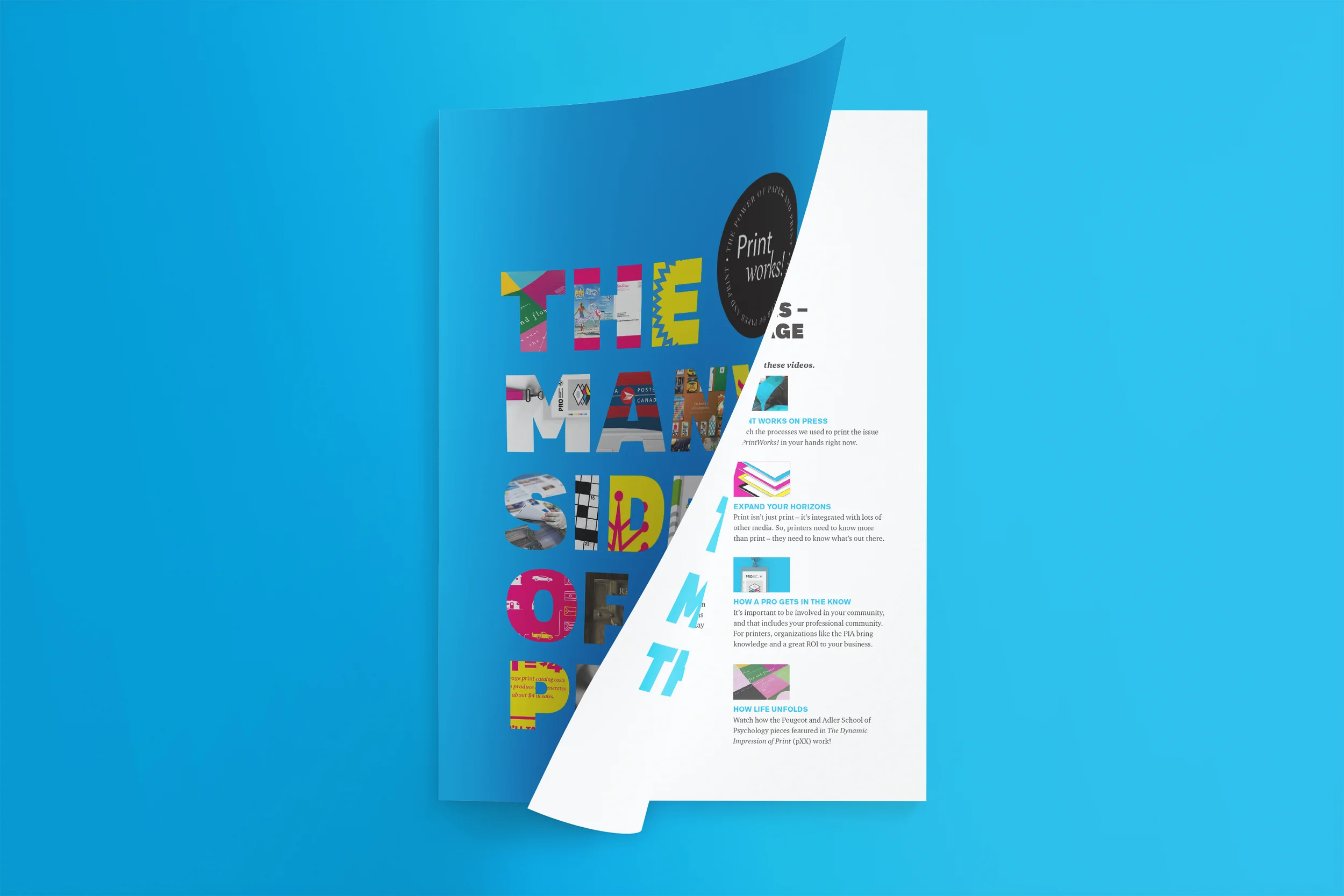 A colorful brochure with a folded design features the words 'THE REMAND SIDE OF' in large, multicolored letters, with a black circular sticker that says 'Print works!' and smaller text beneath.