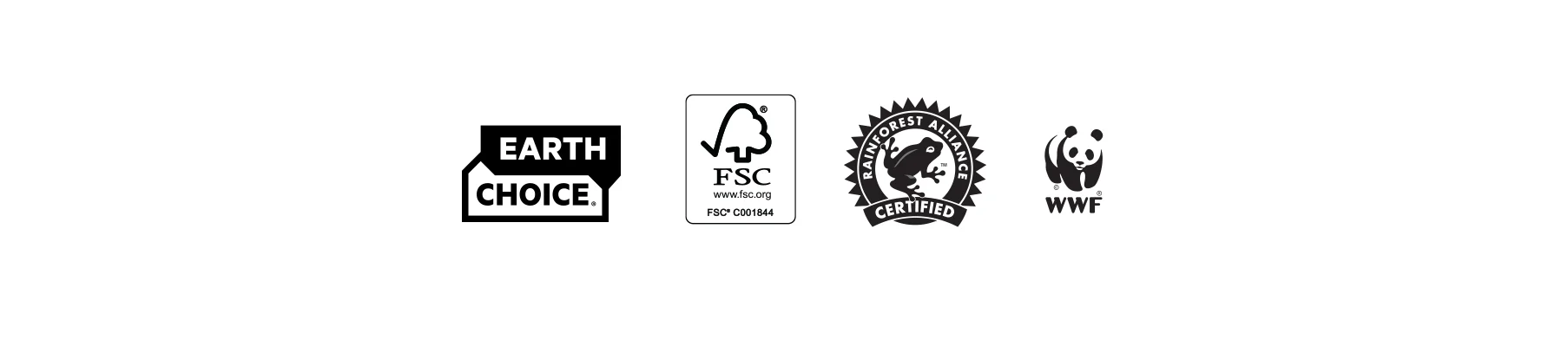 Logos of Earth Choice, FSC, Rainforest Alliance Certified, and WWF