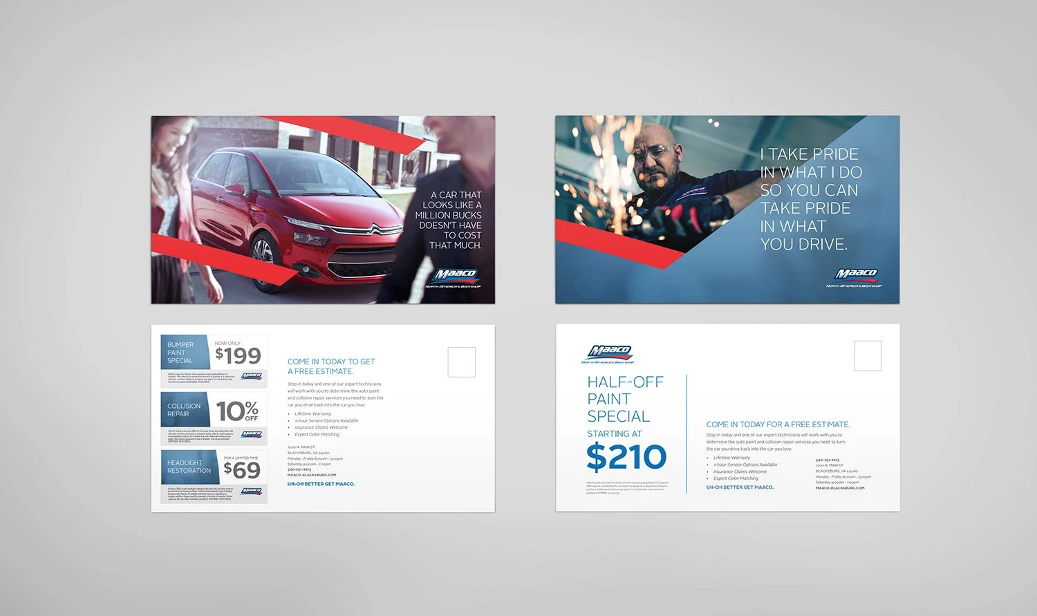 Four advertisements for Maaco auto repair shop, featuring car painting, collision repair, headlight restoration, and a promotion for free estimates.