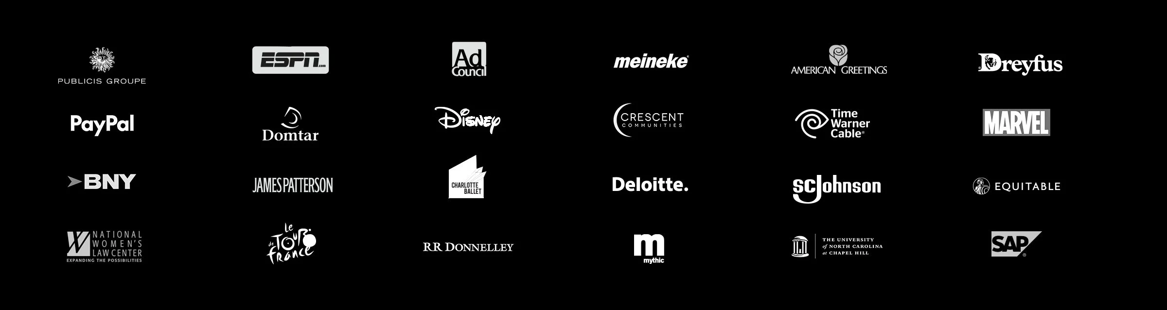 Collection of black and white sponsor logos including ESPN, Disney, Marvel, PayPal, Deloitte, SAP, and others.