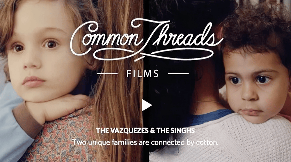 Split image featuring two children, one with curly hair and light skin looking pensively, and the other with dark hair and darker skin looking over their shoulder. Text overlay: "Common Threads Films" and "The Vazquez & The Singhs - Two unique families are connected by cotton."