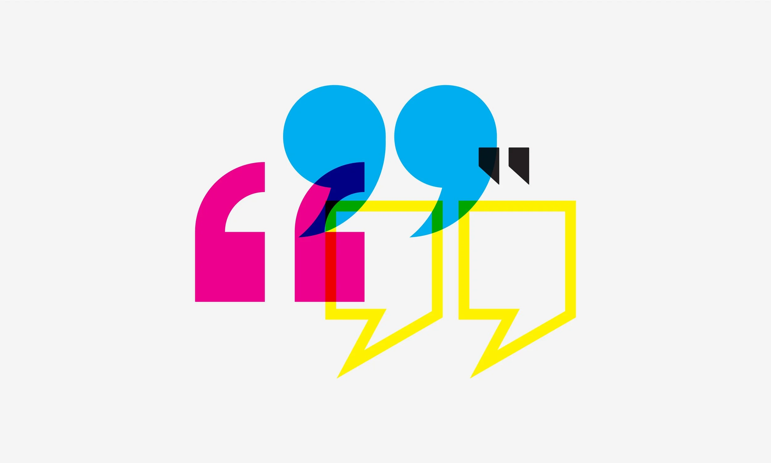 Abstract graphic design featuring overlapping speech bubbles in pink, blue, yellow, and black on a light gray background.