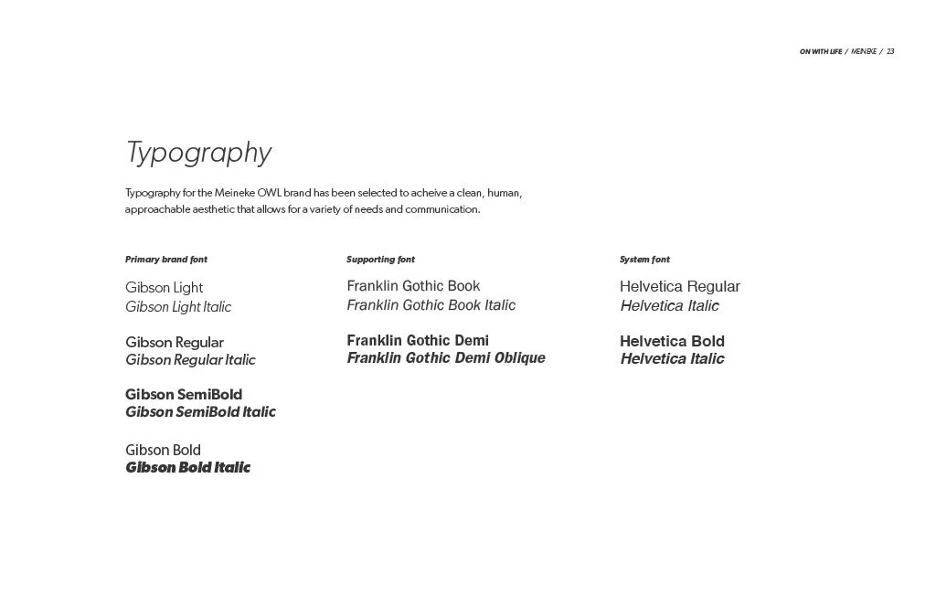 A page showing typography styles for the Meineke OWL brand, including primary, supporting, and system fonts. Font names include Gibson Light, Franklin Gothic Book, Helvetica Regular, and Gibson SemiBold, with various italics and bold styles.