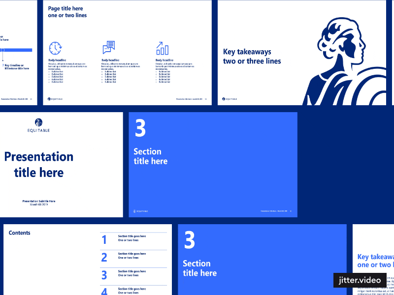 A PowerPoint presentation template with slides featuring blue and white themes. Includes titles for sections, key takeaways, content outlines, and a graphic of a person's profile.