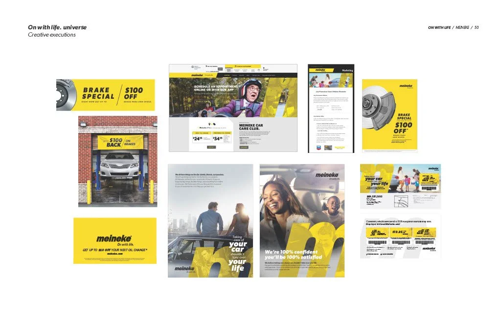 A collage of automotive service promotional materials including flyers, banners, and a website layout, advertising discount offers on brake services and promoting car care and confidence.
