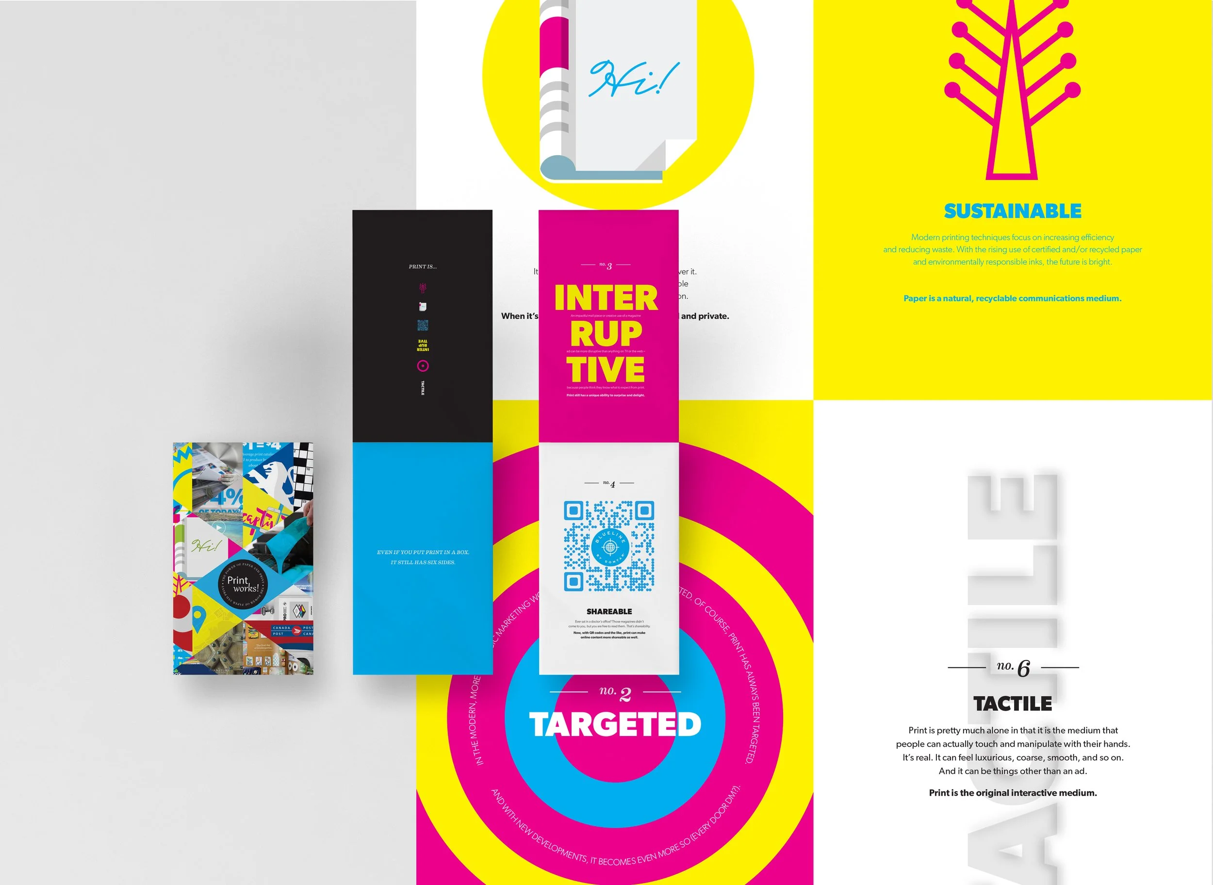 A collection of colorful printed marketing materials with bold text, QR codes, and graphic designs promoting sustainable printing, targeted advertising, and tactile communication.