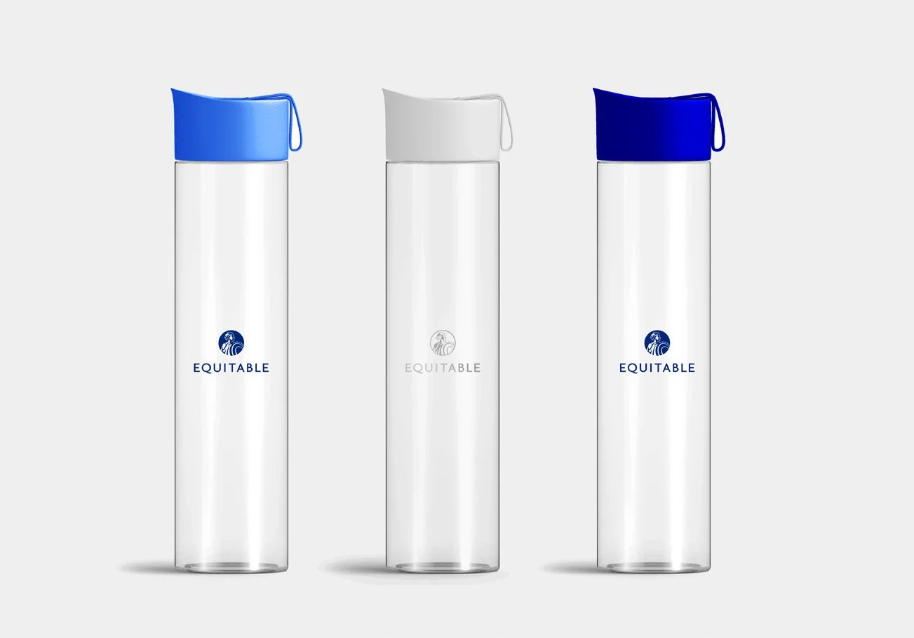 Three transparent water bottles with blue, white, and dark blue caps, each labeled 'EQUITABLE' with a logo of a stylized animal on the front.