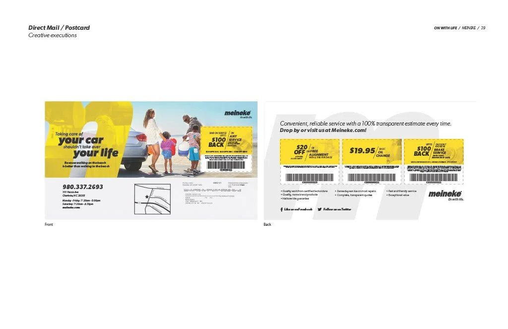 A postcard advertisement for Meineke Car Care Center featuring a family with children at a beach, with discount coupons on the back for auto services.